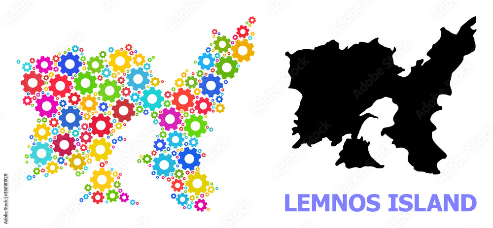 Vector mosaic map of Lemnos Island organized for workshops. Mosaic map of Lemnos Island is designed from randomized bright cogs. Engineering components in bright colors.