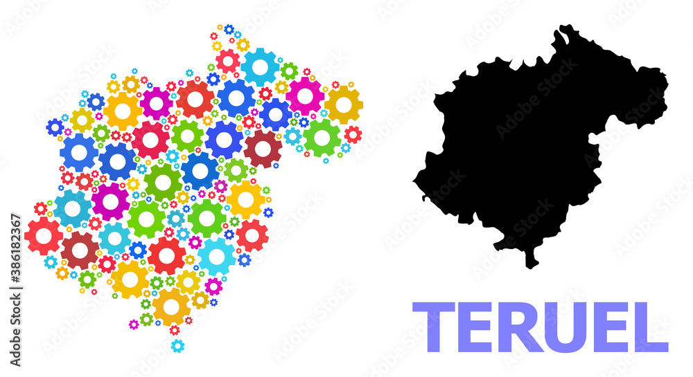 Vector composition map of Teruel Province organized for engineering. Mosaic map of Teruel Province is organized from randomized colorful cogs. Engineering components in bright colors.