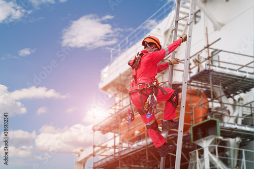 A safety harness is a form of protective equipment PPE on worker go to on high by fixed ladder in construction and scaffolding background safety concept.