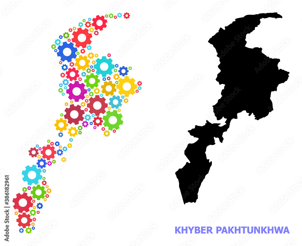 Vector collage map of Khyber Pakhtunkhwa Province designed for engineering. Mosaic map of Khyber Pakhtunkhwa Province is made with randomized bright gear wheels. Engineering items in bright colors.