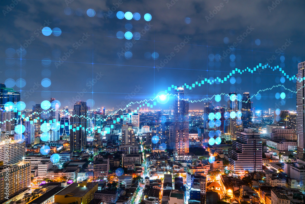 FOREX graph hologram, aerial night panoramic cityscape of Bangkok, the developed location for stock market researchers in Asia. The concept of fundamental analysis. Double exposure.