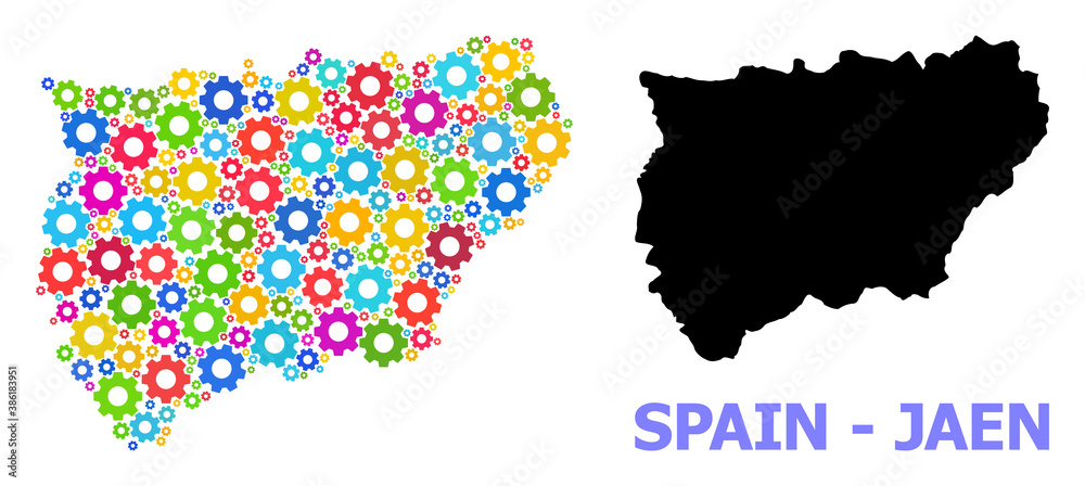 Vector mosaic map of Jaen Spanish Province combined for engineering. Mosaic map of Jaen Spanish Province is constructed of scattered multi-colored gears. Engineering items in bright colors.