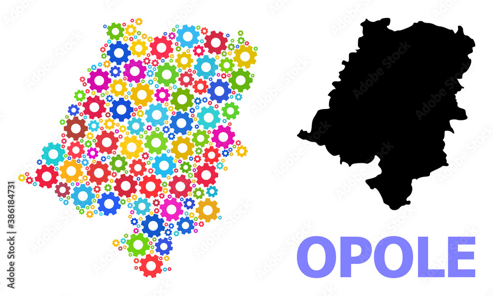 Vector composition map of Opole Province done for services. Mosaic map of Opole Province is done of random bright wheels. Engineering items in bright colors.