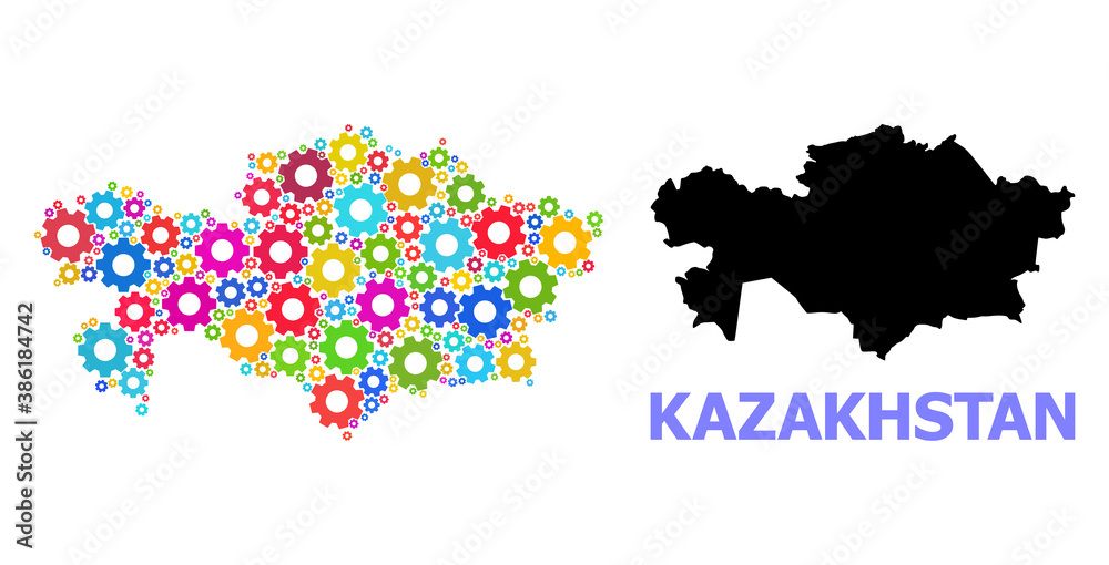 Vector mosaic map of Kazakhstan constructed for engineering. Mosaic map of Kazakhstan is created of randomized multi-colored wheels. Engineering items in bright colors.