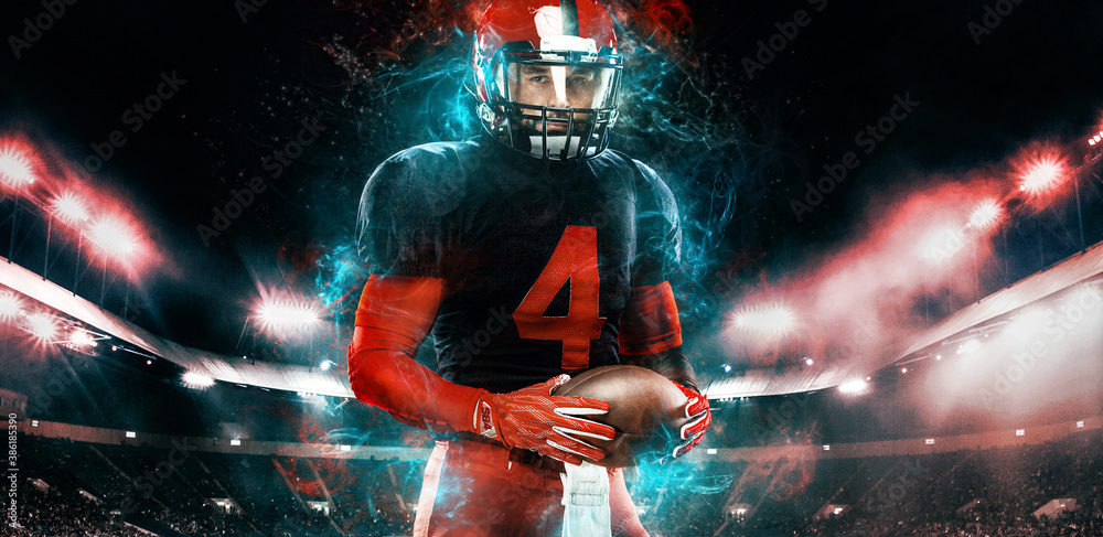 American football player, athlete sportsman in red helmet on stadium  background. Sport and motivation wallpaper. Stock Photo | Adobe Stock