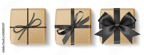 Set of decorative gift boxes isolated on white. Christmas and new year holiday decoration. Black friday sale collection.