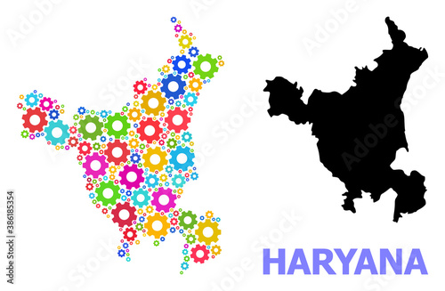 Vector mosaic map of Haryana State constructed for engineering. Mosaic map of Haryana State is constructed of scattered bright cogs. Engineering components in bright colors.