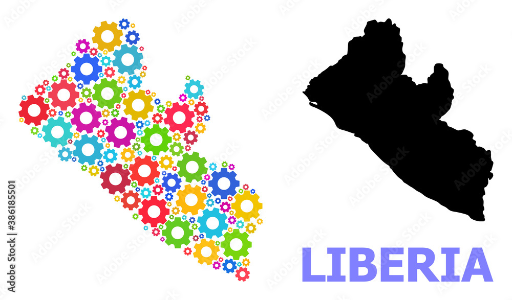 Vector collage map of Liberia constructed for services. Mosaic map of Liberia is constructed with random bright gear wheels. Engineering items in bright colors.