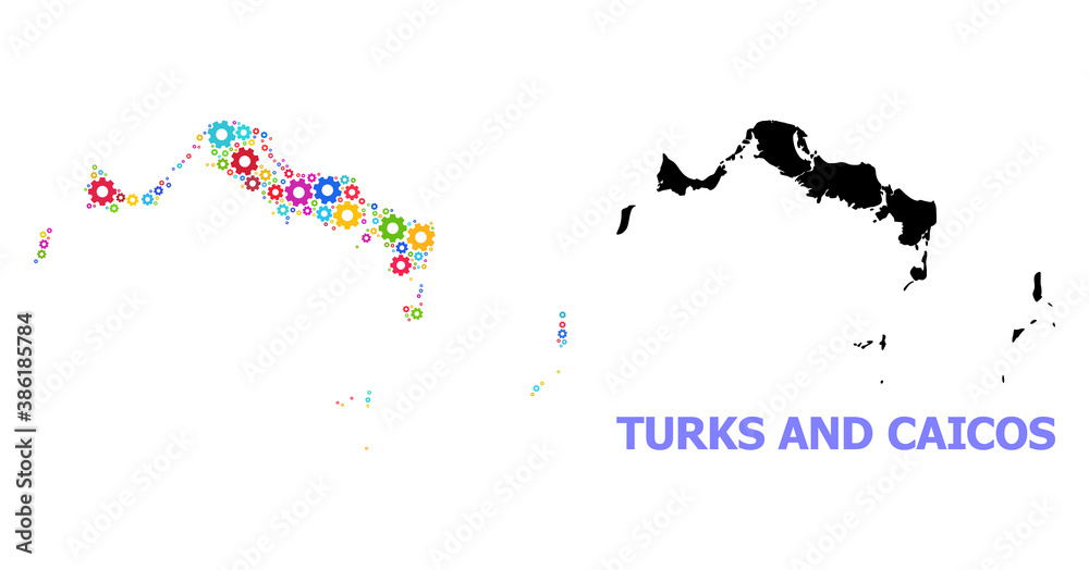 Fototapeta premium Vector mosaic map of Turks and Caicos Islands constructed for engineering. Mosaic map of Turks and Caicos Islands is composed of scattered colored gears. Engineering components in bright colors.