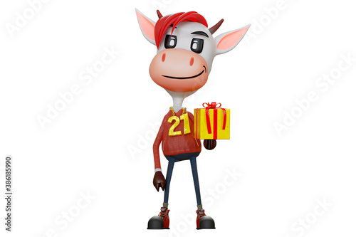 3d rendering of the cute adorable cow wearing a red long sleeve shirt with number 21 for new year season 2021 and holding a yellow gift box  isolated on white background with clipping paths.