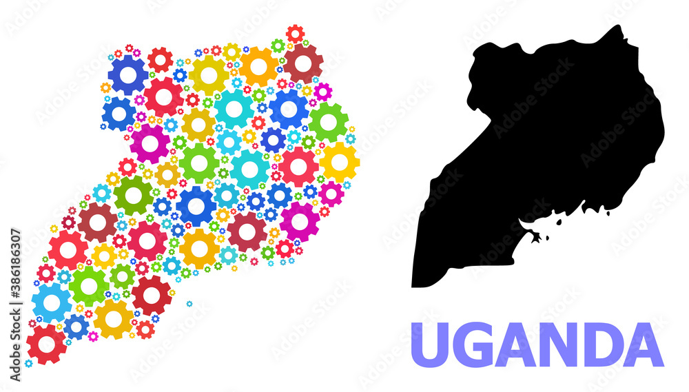 Vector mosaic map of Uganda done for industrial apps. Mosaic map of Uganda is created from randomized bright cogs. Engineering items in bright colors.