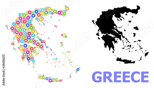 Vector mosaic map of Greece designed for engineering. Mosaic map of Greece is done of random colored cogs. Engineering components in bright colors.