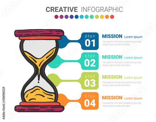 Hourglass infographic design for 4 step, vector and marketing icons can be use for business Presentation, Hand drawn line art cartoon concept.