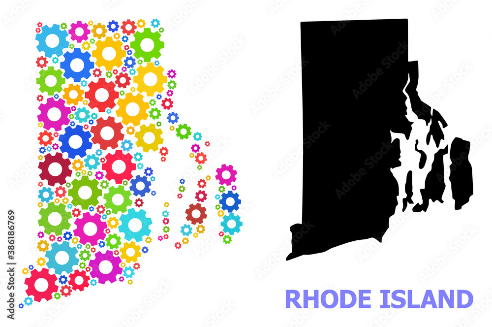 Vector mosaic map of Rhode Island State created for mechanics. Mosaic map of Rhode Island State is composed of scattered bright gear wheels. Engineering components in bright colors.