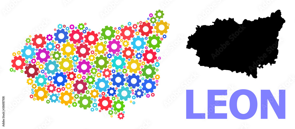 Vector mosaic map of Leon Province designed for engineering. Mosaic map of Leon Province is created from randomized bright wheels. Engineering components in bright colors. Vector mosaic map of Leon Province designed for engineering. Mosaic map of Leon Province is created from randomized bright wheels. Engineering components in bright colors.