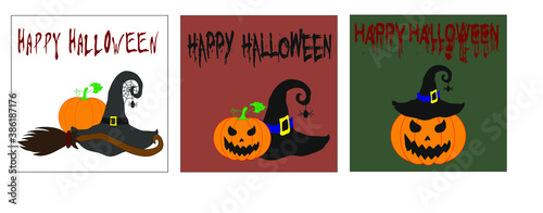 Set of greeting cards for Halloween. Orange pumpkin, hat (spiderweb and spider) and witch's broom for Halloween. The main symbols of the holiday Happy Halloween Vector illustration.