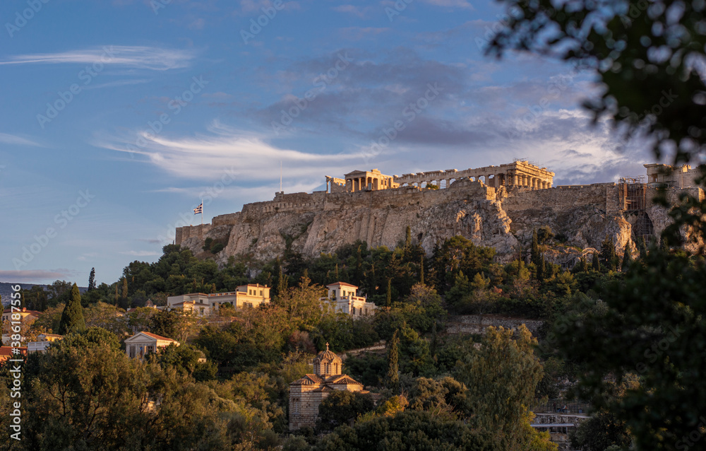 Beautiful panoramic view of Greece and the hill where the Acropolis and the Parthenon are located in Athens