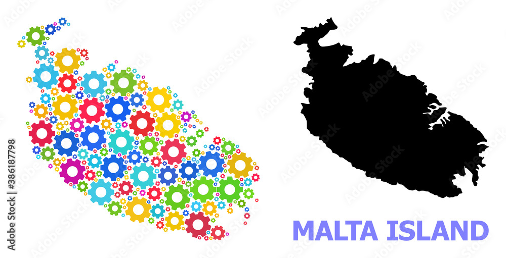 Vector mosaic map of Malta Island done for engineering. Mosaic map of Malta Island is designed from scattered bright gears. Engineering components in bright colors.