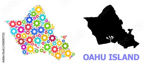 Vector composition map of Oahu Island organized for engineering. Mosaic map of Oahu Island is created with scattered bright gear wheels. Engineering components in bright colors.