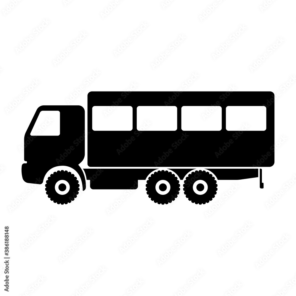 Truck icon. Heavy large off-road vehicle for transporting people. Black silhouette. Side view. Shift worker. Vector flat graphic illustration. The isolated object on a white background. Isolate.
