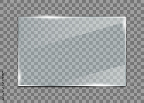 Glass plate. Realistic glass banner on transparent background. Transparent glass window. Vector