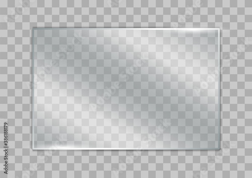 Realistic glass banner. Glass plate on transparent background. Transparent glass window. Vector