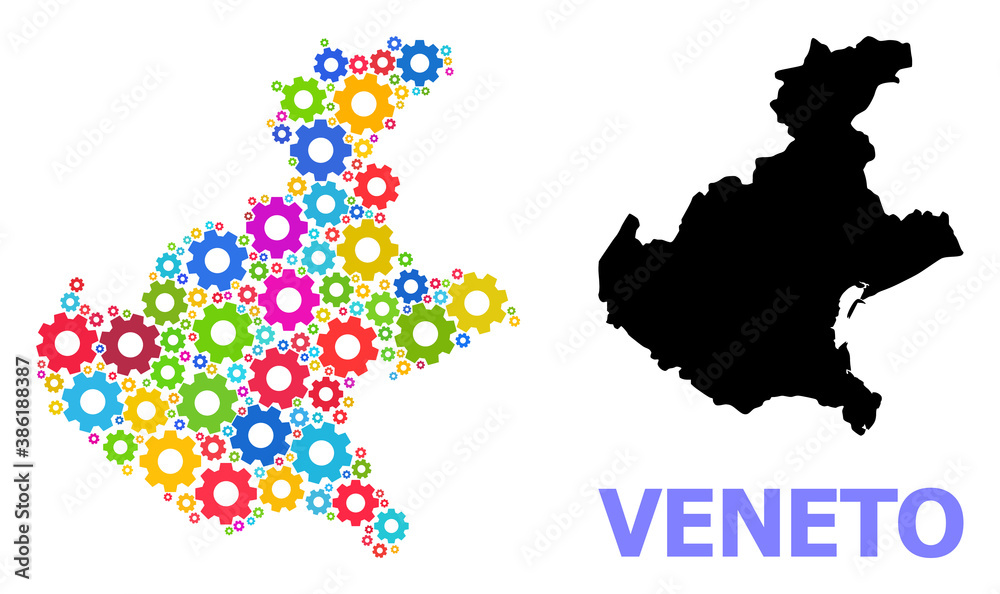 Vector composition map of Veneto region designed for engineering. Mosaic map of Veneto region is created of randomized bright wheels. Engineering components in bright colors.