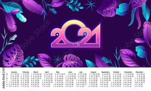 2021 tropical leaves horizontal calendar vector