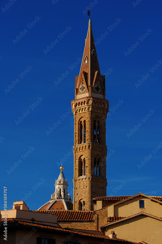 Medieval bell tower and St Mary of the Flower famous dome rise above Florence historic center roofs