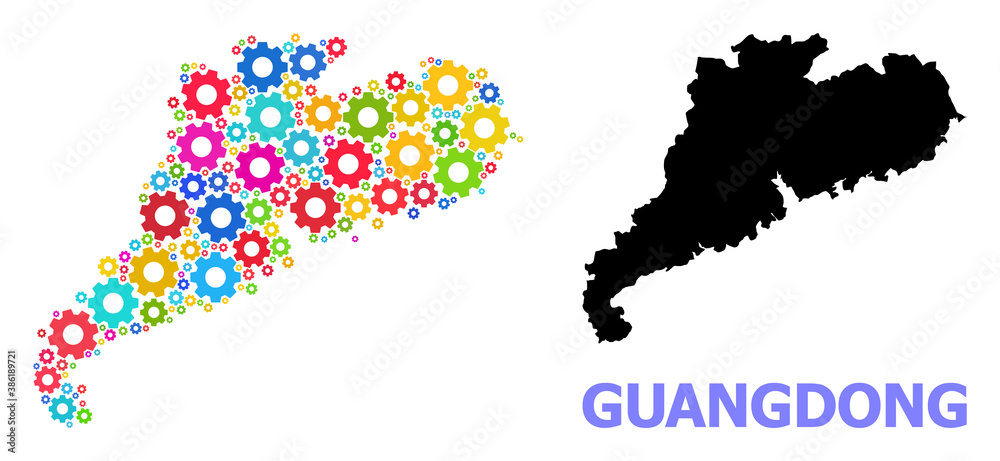 Obraz premium Vector mosaic map of Guangdong Province designed for industrial apps. Mosaic map of Guangdong Province is composed of random bright wheels. Engineering components in bright colors.