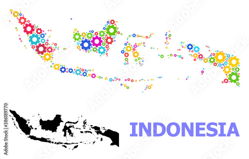 Vector mosaic map of Indonesia organized for workshops. Mosaic map of Indonesia is done with scattered bright wheels. Engineering components in bright colors.