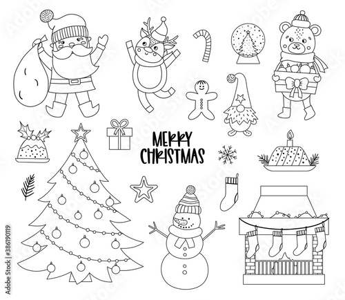 Vector set of black and white Christmas elements with Santa Claus, deer, fir tree, presents isolated on white background. Cute funny winter icons illustration for decorations or new year design..