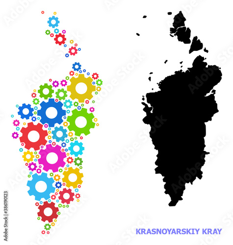 Vector mosaic map of Krasnoyarskiy Kray organized for mechanics. Mosaic map of Krasnoyarskiy Kray is constructed with random colorful wheels. Engineering items in bright colors.