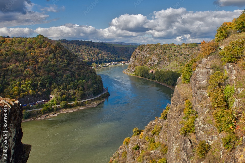 the river rhine with view to the rocks of lorelei at autumn