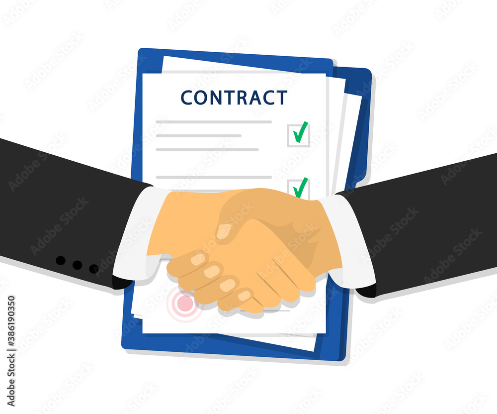 Partnership handshake. Documents. Contract with stamp. Vector flat design. Partnership handshake. Documents. Contract with stamp. Vector flat design.