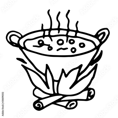 Above the fire is a cauldron with two handles, in which the potion is brewed. Vector illustration for Halloween.