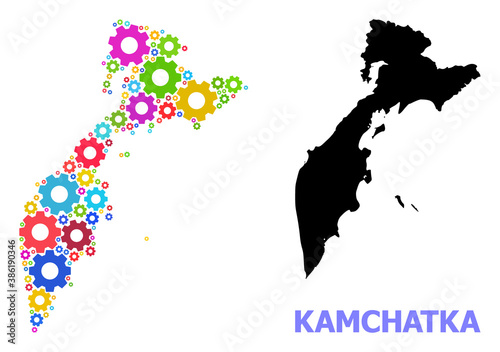 Vector mosaic map of Kamchatka Peninsula created for mechanics. Mosaic map of Kamchatka Peninsula is designed of randomized bright gears. Engineering items in bright colors.