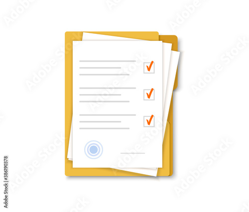 Document papers. Contract with stamp. Agreement. Checklist. Vector flat design.