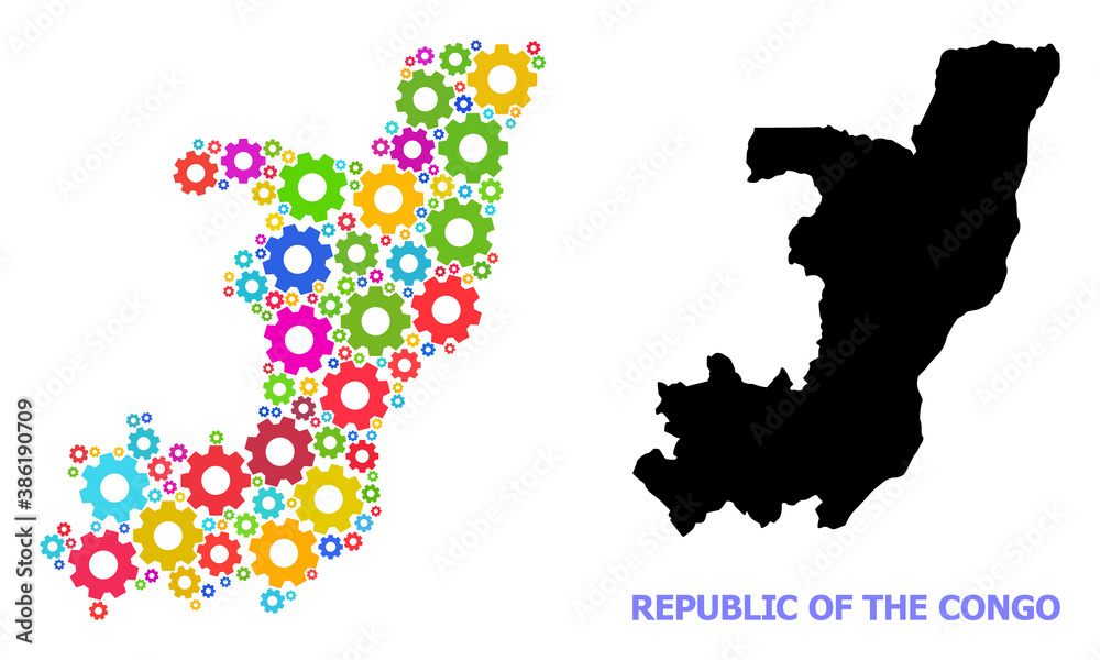Vector collage map of Republic of the Congo combined for engineering. Mosaic map of Republic of the Congo is made with random bright gear wheels. Engineering components in bright colors.