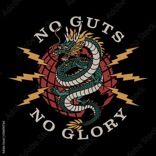 Dragon on Globe with Lightnings Around Illustration with No Guts No Glory Slogan Artwork on Black Background for Apparel or Other Uses