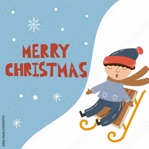 Boy sledging postcard. Kids outdoor activityes. Boy and sledge, celebration new year postcards, happy children winter holidays banner or poster vector merry christmas cartoon isolated characters