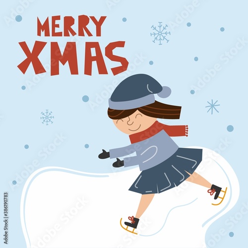 Girl skates postcard. Kids outdoor activities. Child and skates, celebration new year postcards, happy children winter holidays banner or poster vector merry christmas cartoon isolated characters