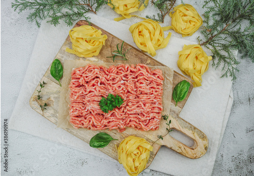 
Raw minced meat with Fettuccine.

Raw minced meat with Fettuccine pasta with herbs, basil and spruce branches on a stone background, top view close-up. photo