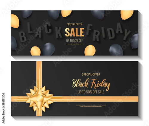 Set of promo sale banners for Black friday. Shopping, Store, Gifts, Supermarket, Order online, Sale concept. Vector illustration for poster, banner, flyer, advertising, promo, commercial.