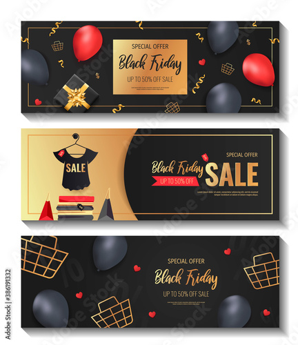 Set of promo sale flyers for Black friday. Shopping, Store, Gifts, Supermarket, Order online, Sale concept. Vector illustration for poster, banner, flyer, advertising, promo, commercial.