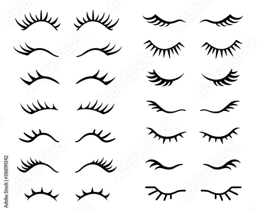 Closed vector unicorn eye. Cartoon animal eyelash isolated on white. Icon set with cute girly eyelash silhouette.
