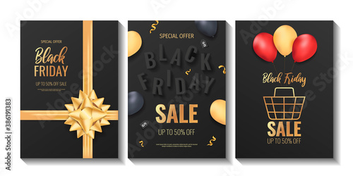 Set of promo sale flyers for Black friday. Shopping, Store, Gifts, Supermarket, Order online, Sale concept. A4 vector illustration for poster, banner, flyer, advertising, promo, commercial.