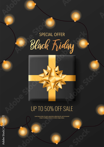 Promo sale flyer for Black friday. Shopping, Store, Gifts, Supermarket, Order online, Sale concept. A4 vector illustration for poster, banner, flyer, advertising, promo, commercial.