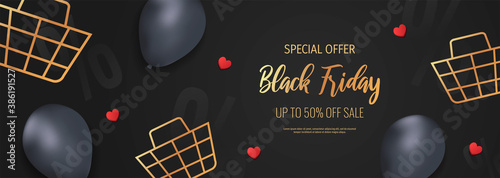 Promo sale flyer for Black friday. Shopping, Clothing store, Gifts, Supermarket, Order online, Sale concept. Vector illustration for poster, banner, flyer, advertising, promo, commercial.