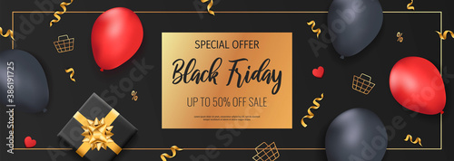 Promo sale flyer for Black friday. Shopping, Clothing store, Gifts, Supermarket, Order online, Sale concept. Vector illustration for poster, banner, flyer, advertising, promo, commercial.